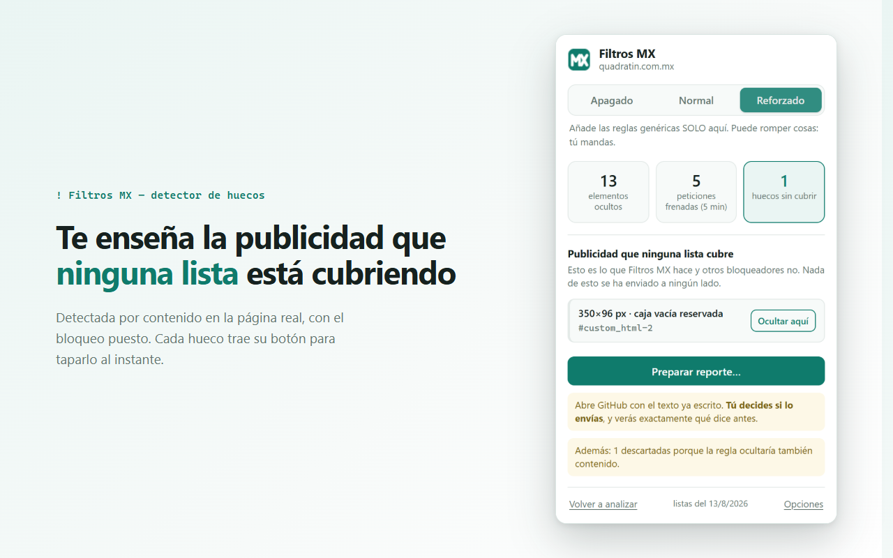 El popup de Filtros MX sobre quadratin.com.mx, mostrando el hueco #custom_html-2 con su botón «Ocultar aquí».