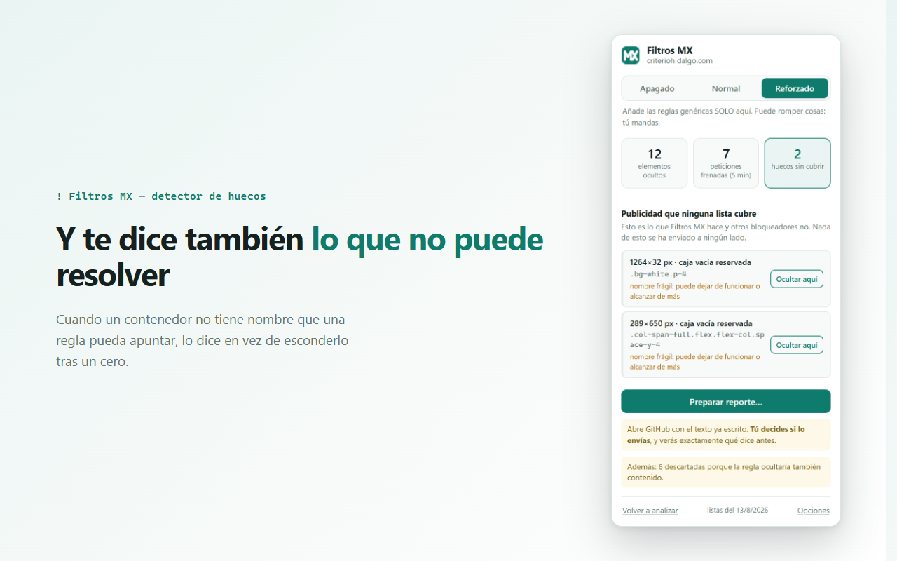 El popup mostrando dos huecos marcados como nombre frágil y el recuento de candidatos descartados.