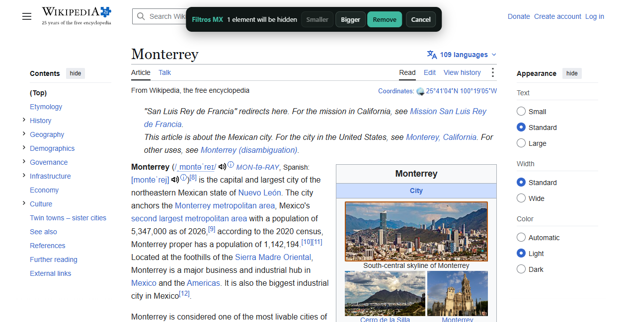 “Remove an element” on Wikipedia: the top notice highlighted, with Bigger, Remove and Cancel buttons.