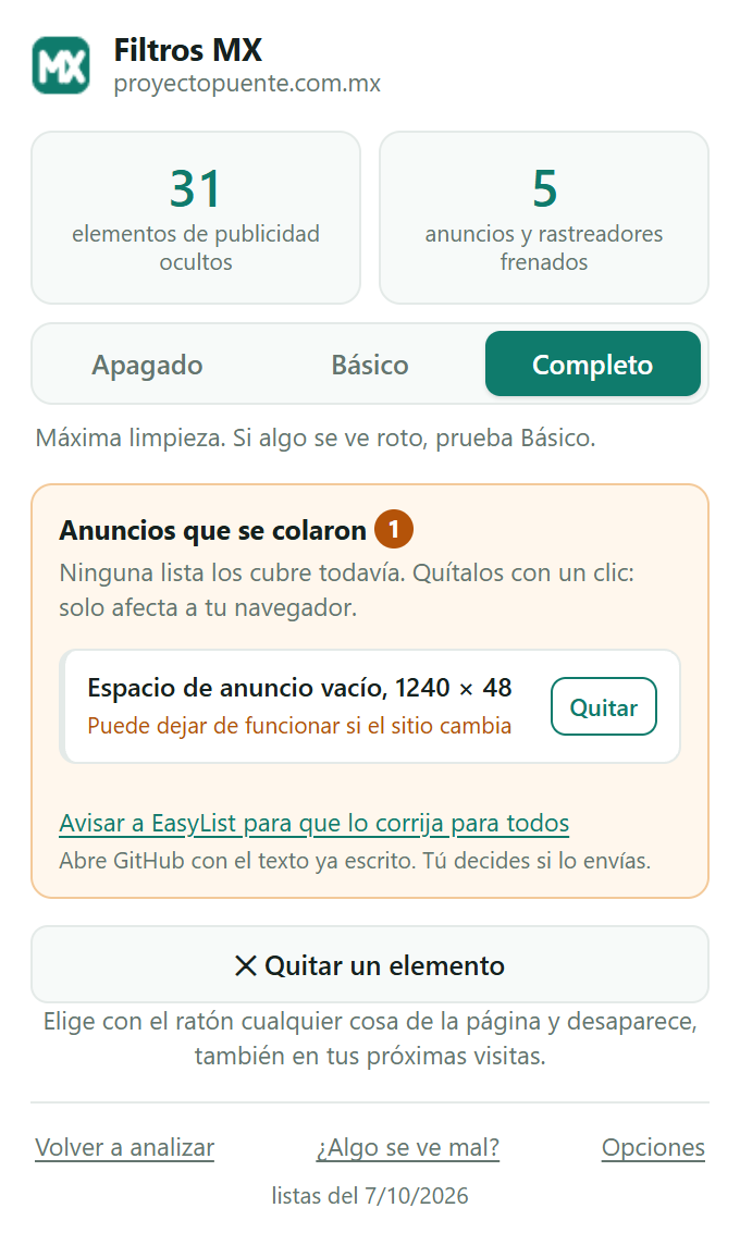 El popup de Filtros MX mostrando un anuncio que se coló, con su botón Quitar.