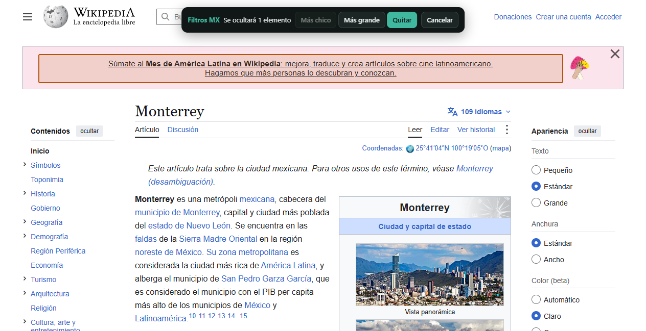 «Quitar un elemento» sobre Wikipedia: el aviso de arriba marcado, con los botones Más grande, Quitar y Cancelar.